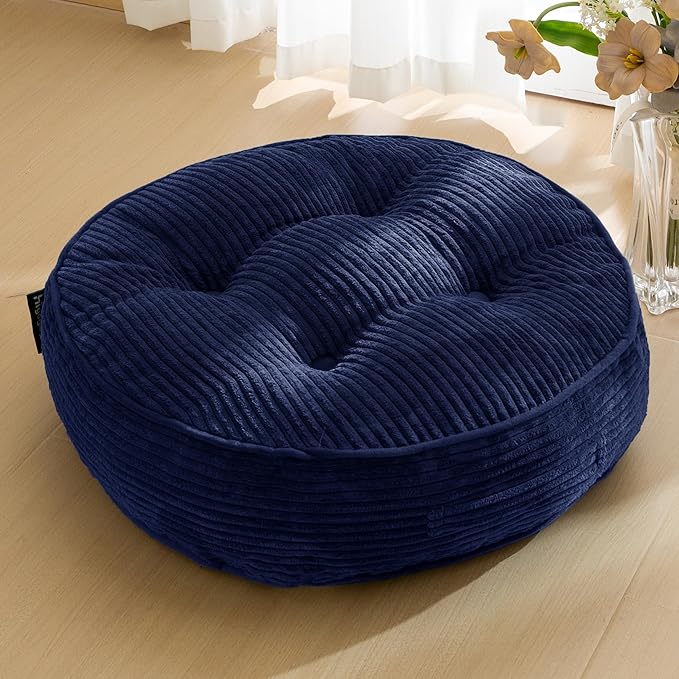 HIGOGOGO 6" Extra Thick Floor Pillow Cushion for Adults, Meditation Cushion Pillow, Large Round Floor Sitting, Tufted Corduroy Cover, for Tatami Living Room or Yoga, 22x22 Inch, Navy