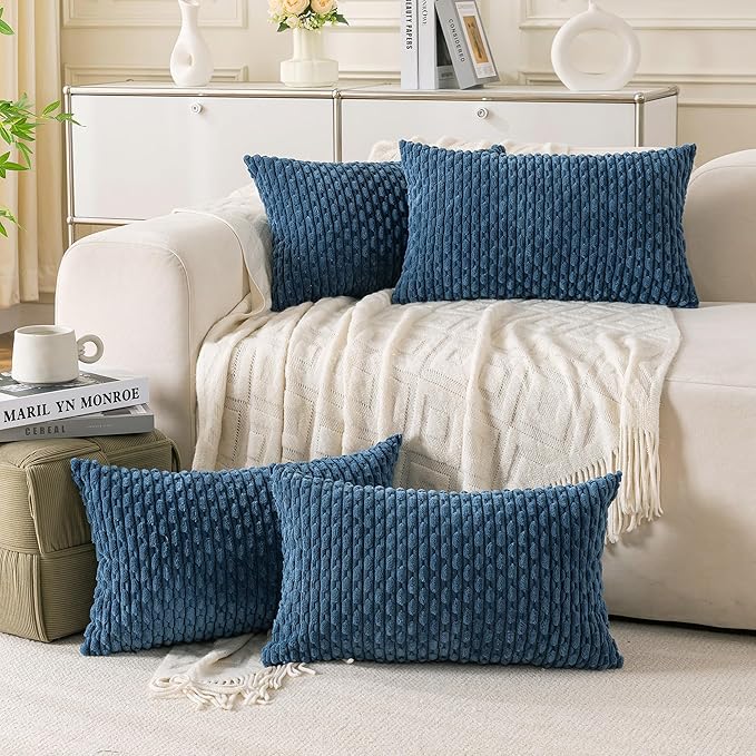 Set of 4 Blue Decorative Throw Pillow Covers 12x20 Inch Corduroy Pillow Covers for Bed Couch Sofa Living Room Soft Cushion Cases