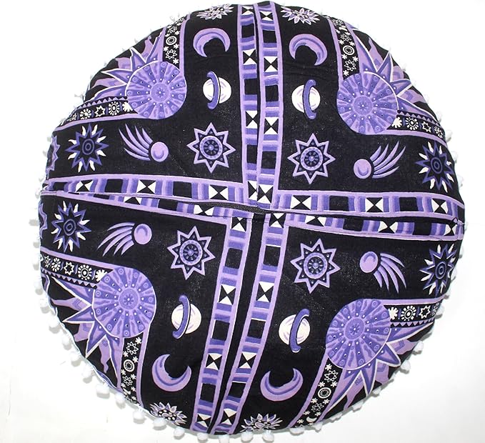 CRAFT KALA Large Round Bohemian Floor Pillow Pouf Cover Mandala Meditation Room Pillow Cover for Adults Boho Seating Poufs Cushion Cover for Kids Playroom 32" Round Purple Burning Sun