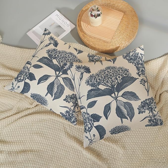 Blue Pillow Covers 18x18 Set of 2 Vintage Boho Floral Hydrangea Herbs Botanical Throw Pillow Cover Outdoor Flower Decoration Pillowcase Linen Farmhouse Cushion Case Decorative for Couch Sofa