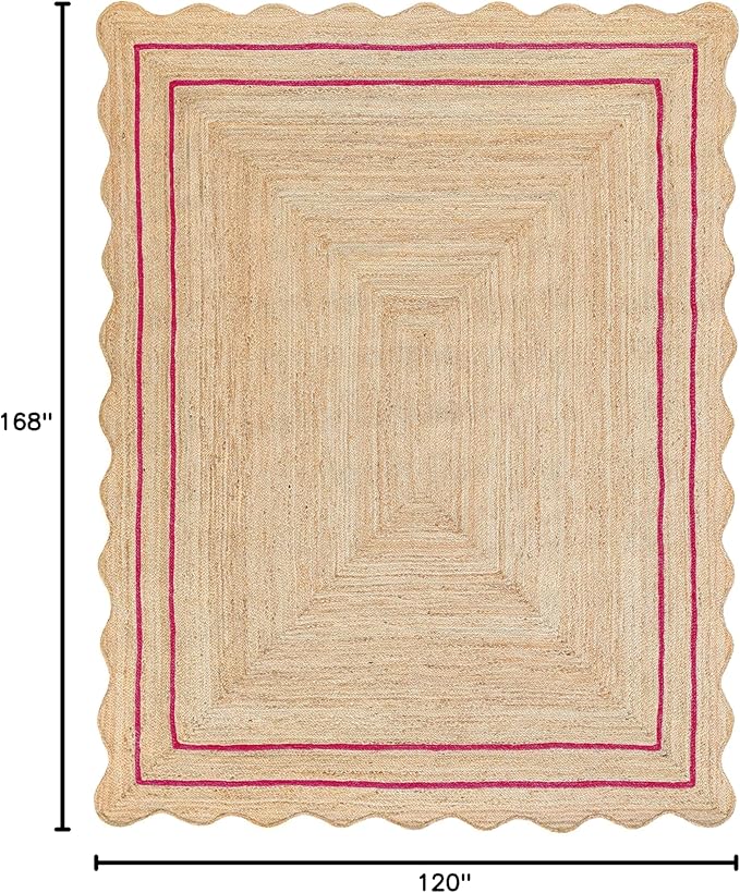 Wave Scalloped Natural Jute Rug Boho Jute Rug Entryway Runner Rug Farmhouse Scallop Rug, Dark Pink (10'x14')