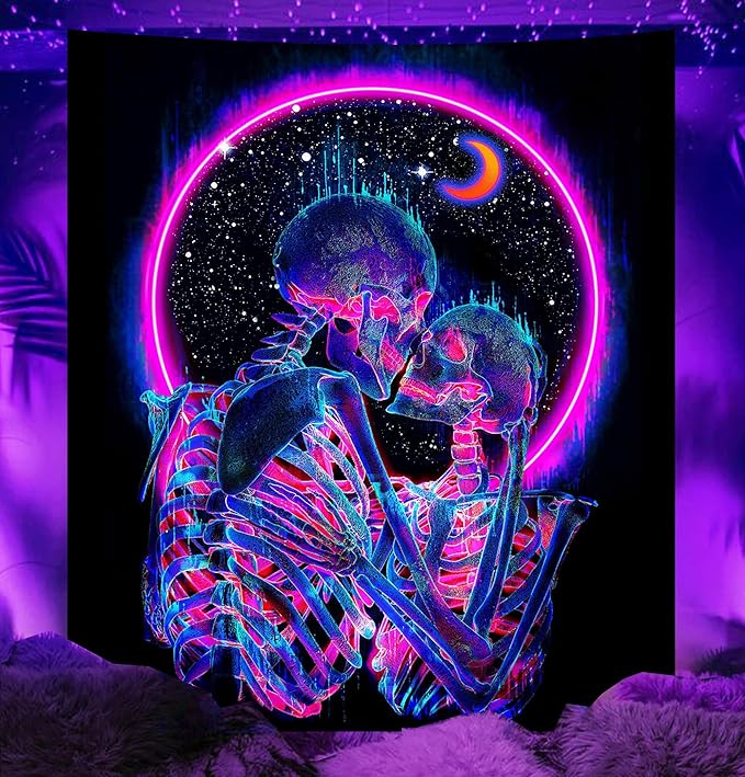 TUGCAY Blacklight Skull Tapestry Glow in the Dark Tapestry Kissing Lovers Tapestries Skeleton Neon Trippy Moon Stars Vertical Posters Wall Hanging Decor for Bedroom Aesthetic – 29.9” x 39.4”