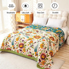 Boho Throw Blanket, 100% Organic Cotton Breathable Ultra Soft 91" x 98" Bed Quilt Throw - All Season Floral Rustic Farmhouse Decor Luxury Reversible Blanket for Sofa Couch Chair and Gift