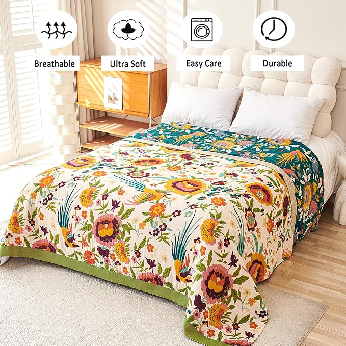 Boho Throw Blanket, 100% Organic Cotton Breathable Ultra Soft 91" x 98" Bed Quilt Throw - All Season Floral Rustic Farmhouse Decor Luxury Reversible Blanket for Sofa Couch Chair and Gift