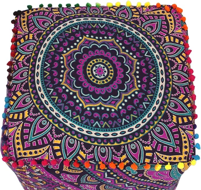 CRAFT KALA Large Hippie Mandala Meditation Floor Ottoman Pillow Cushion Pouf Cover Square Poufs Cover Bohemian Floor Cushion Cover Outdoor Fireplace Living Room Decor 16X16X14 inches, New Pink Ombre