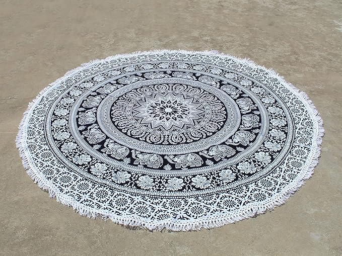 Round Beach Tapestry Turquoise Mandala Throw/Boho Hippie Beach Blanket Roundie/Indian Cotton Bohemian Large Round Table Cloth-Home Decor/Yoga Mat Meditation Picnic Rug (42", Black And WHite)