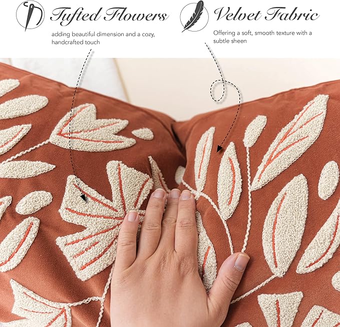 BlissBlush 20x20 Throw Pillow Cover, Brick Red Square Decorative Cushion Cover for Couch Sofa, Floral Tufted Embroidered Velvet Farmhouse Accent Pillowcase (Cover Only)