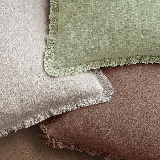MIULEE Decorative Throw Pillow Covers Neutral Linen Fringe Throw Pillows Set of 2 Dark Coffee Boho Farmhouse Cushion Covers with Tassels for Couch Sofa Bed Living Room Spring Home Decor 20x20 Inch