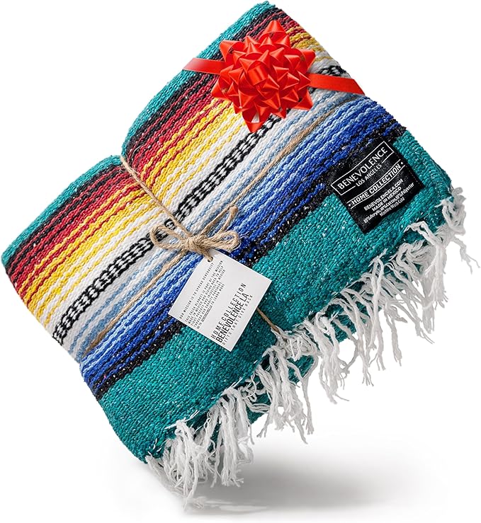 Benevolence LA Mexican Blanket, Authentic Handwoven Yoga Blanket & Outdoor Blanket, Made by Traditional Mexican Artisans, Saddle Blanket, Beach Blanket, Picnic Blanket, & Car Blanket 75 x 52 - Agua