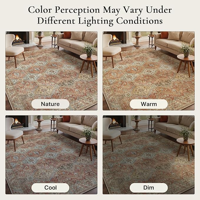 GENIMO 9x12 Area Rugs for Living Room, Machine Washable Non Slip Rugs, Low Pile Lightweight Print Rug for Bedroom, Dining Room, Home Office, Vintage Brick Red