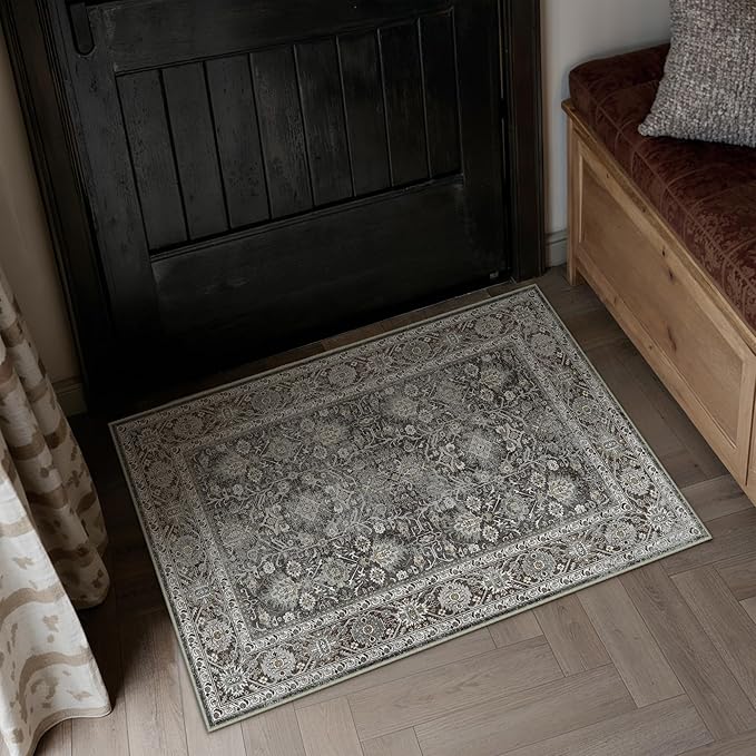 Black Entryway Rug 2x3 Vintage Area Carpet Indoor Kitchen Washable Door Mat Living Room Entrance Small Low Pile Traditional Distressed Retro Accent Throw Rug Non Slip Office Bathroom
