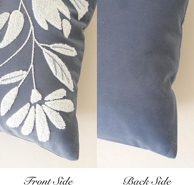BlissBlush 14x36 Lumbar Pillow Cover for Bed, Grayish Blue Rectangular Long Throw Pillowcase, Embroidered Velvet Floral Tufted Farmhouse Accent Cushion (Cover Only)