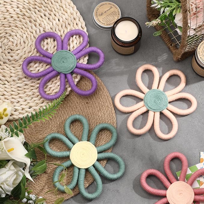 Ripeng 6 Pcs Boho Nursery Decor Flower Daisy Wall Art 6 Inch Woven Macrame Wall Hanging Bohemian Flower Decor Daisy Nursery for Baby Girls Kids Home Bedroom(Vivid Colors)