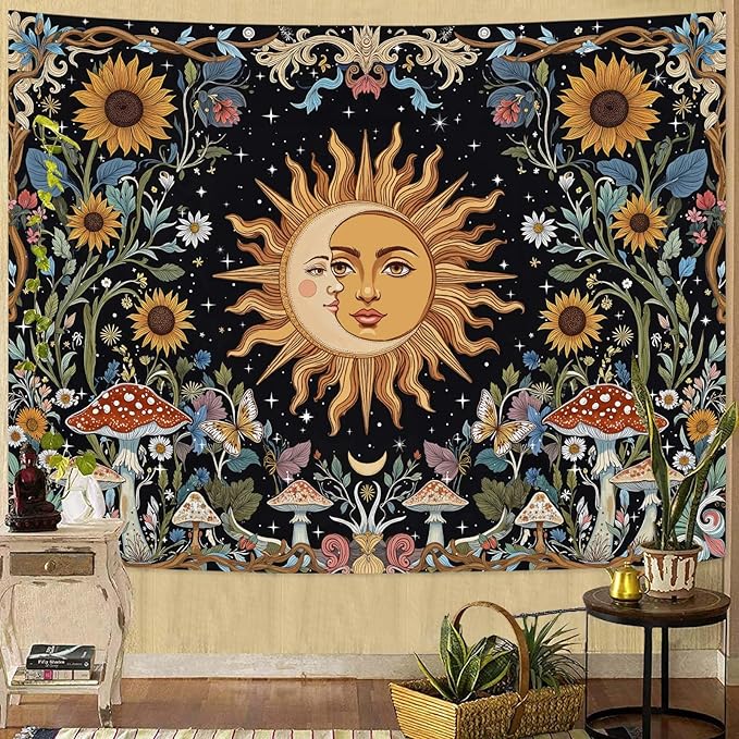 Fungarth Sun and Moon Tapestry Hippie Mushroom Boho Floral Wall Tapestry for Bedroom Aesthetic Vintage Sunflower Celestial Small Tapestries Wall Hanging for Living Room Dorm 60 x 44 Inch