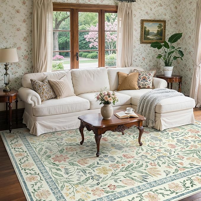 GENIMO 8x10 Washable Area Rug, Non-Slip Vintage Boho Floral Carpet, Soft Low-Pile Thin Living Room Rug for Bedroom, Dining Room, Nursery, Green