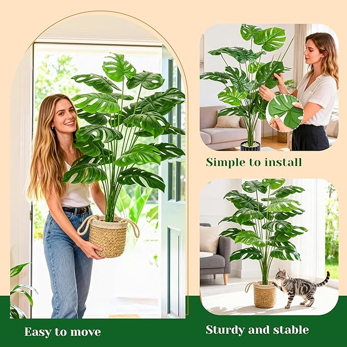 Der Rose 44" Tall Fake Plants with Straight-Woven Basket Large Artificial Monstera Plants Indoor, Easy Assembly Faux Tree for Living Room Bedroom Home Apartment Outdoor Decor