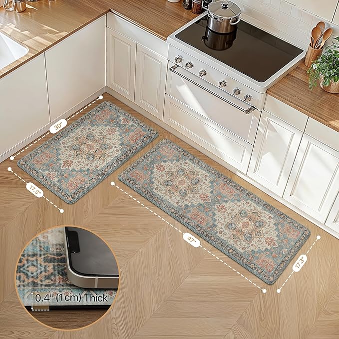 GENIMO Kitchen Mats for Floor 2PCs, Washable Anti Fatigue Mat for Cushioned, 17.3"x47"+17.3"x30", Waterproof Kitchen Rugs, Non Slip Comfort Standing Mat Rug for Home, Sink, Laundry, Blue&Salmon