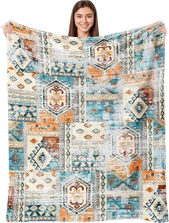 Aipon Boho Aztec Throw Blanket 50"x 60", Western Indian Native American Blanket Southwestern Decor, Orange Teal Soft Cozy Lightweight Throws Blankets Gifts for Women Men Couch Bed Sofa Chair