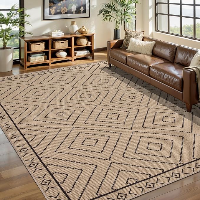 Tangsoo Modern Easy Jute Rug 5x7 Large Washable Area Rug for Dining Room,Geometric Ultra Thin Non-Slip Indoor Outdoor Rug,Farmhouse Carpet for Living Room Patio Bedroom