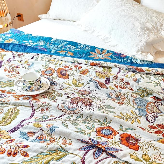 Boho Throw Blanket, 100% Organic Cotton Breathable Skin-Friendly Ultra Soft Bed Quilt Throw - All Season Floral Farmhouse Décor Luxury Blanket for Sofa Couch Chair and Gift. 60" x 80"