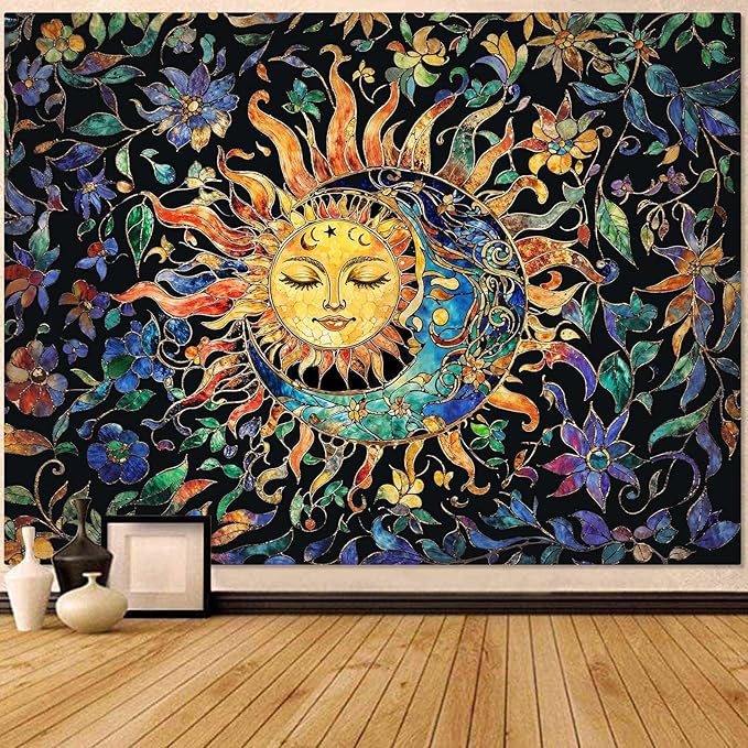 Aipon Sun and Moon Tapestry for Bedroom Boho Hippie Floral Wall Tapestry Aesthetic Vintage Stained Glass Plant Small Tapestries Wall Hanging for Living Room Dorm 60 x 44 Inch