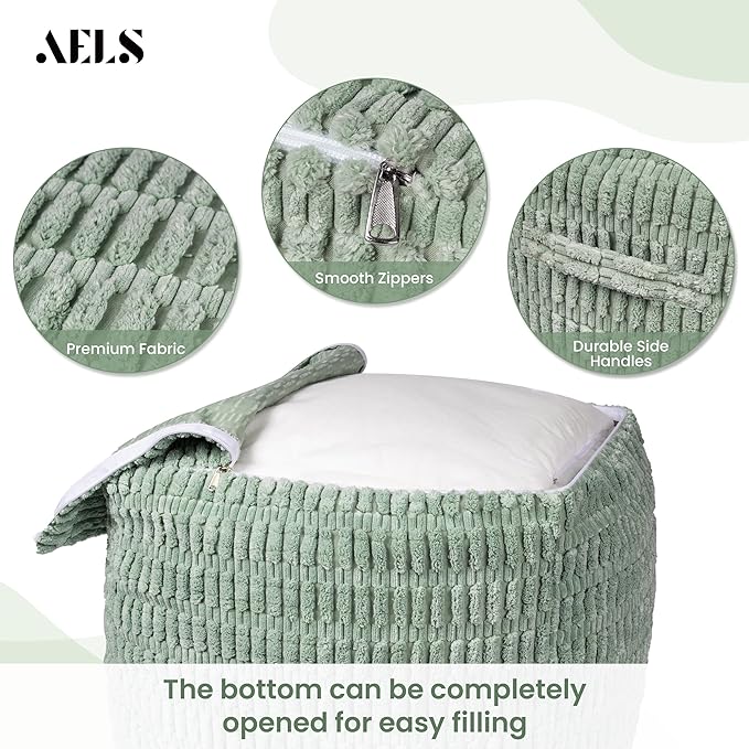 AELS Unstuffed Farmhouse Pouf Cover for Living Room, Boho Storage Bean Bag Cubes, Sage Green Soft Corduroy Plush Sripe Square Ottoman Pouf Foot Rest Footstool, 18"x18"x18", Cover ONLY