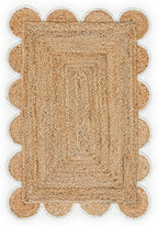 Scalloped Natural Jute Area Rug, Off White Trim, 2'x3'