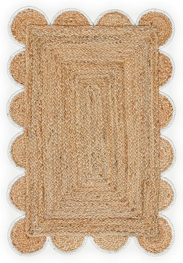 Scalloped Natural Jute Area Rug, Off White Trim, 2'x3'