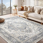 Washable Rug 10x12 Area Rugs: Boho Vintage Distressed Oriental Medallion Neutral Thin Large Rug Carpet for Living Room Bedroom Dining Room Home Office Decor - Light Blue