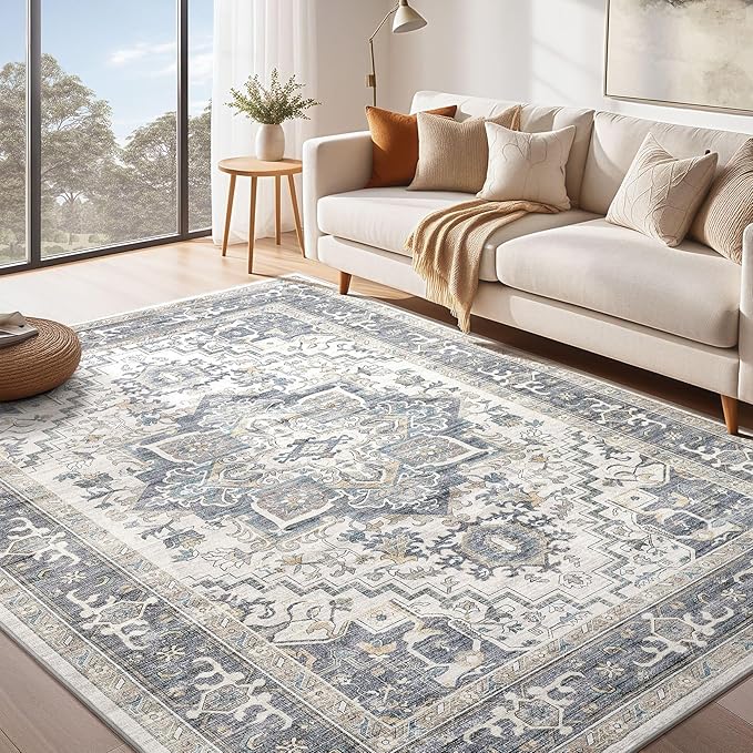 Washable Rug 9x12 Area Rugs: Boho Vintage Distressed Oriental Medallion Neutral Thin Large Rug Carpet for Living Room Bedroom Dining Room Home Office Decor - Light Blue