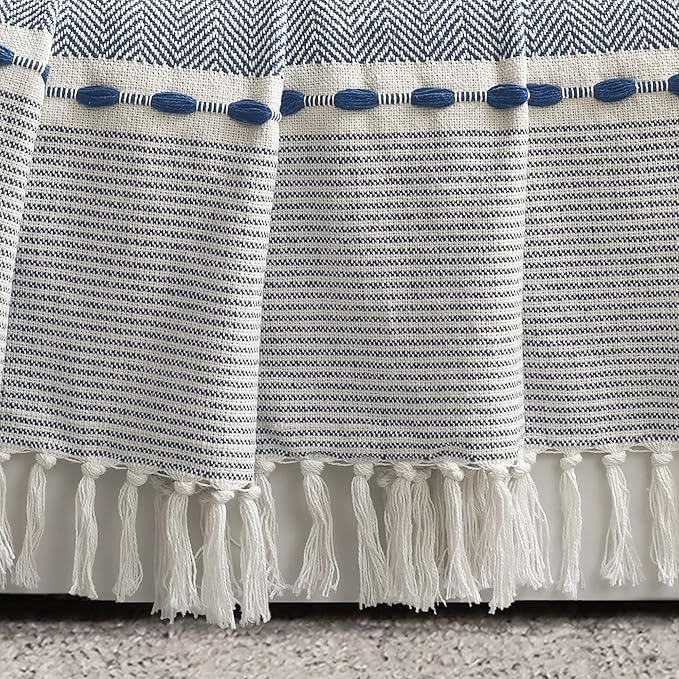Lush Decor Herringbone Stripe Woven Tassel Yarn Dyed Cotton Tassel Throw Blanket 50" W x 60" L Navy & White - Striped Throw Blankets - Blue Couch Blanket