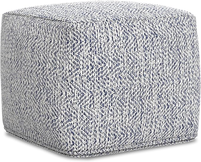 SIMPLIHOME Nate Square Pouf - 18 inch Wide Upholstered Handwoven Cotton Ottoman in Denim Melange, Boho Footstool or Extra Seating for Living Room or Bedroom with Polystyrene EPS Beads, Assembled