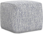 SIMPLIHOME Nate Square Pouf - 18 inch Wide Upholstered Handwoven Cotton Ottoman in Denim Melange, Boho Footstool or Extra Seating for Living Room or Bedroom with Polystyrene EPS Beads, Assembled