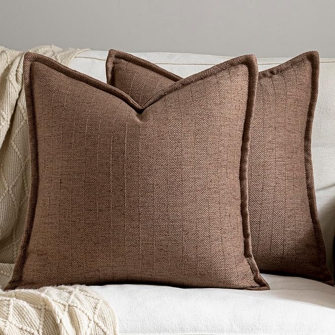 18x18 Linen Pillow Covers Brown Pack of 2 Farmhouse Boho Neutral Accents Striped Textured Square Decorative Throw Pillow Cases for Living Room Couch Bed Home Decor