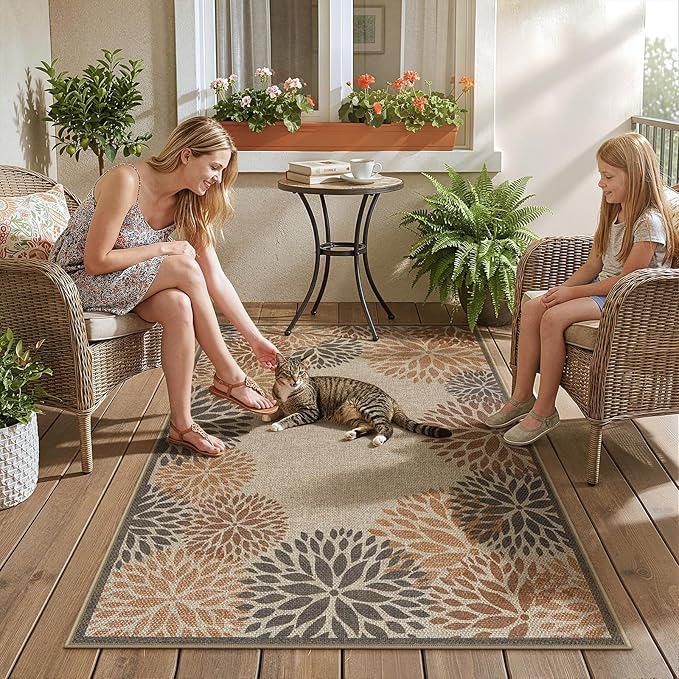 LIVEBOX Modern 3x5 Jute Outdoor Patio Rug, Washable Rugs for Entryway Porch, Tropical Floral Boho Farmhouse Carpet, Non Slip Front Door Mat for Outdoor Indoor Entryway Guestroom Decor (Beige 3'x5')