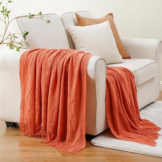 BATTILO HOME Orange Fall Throw Blanket for Couch Sofa, Knitted Decorative Blankets Throws Halloween Throw Blanket Fall Decorations Home Decor (Salmon, 50"x60")