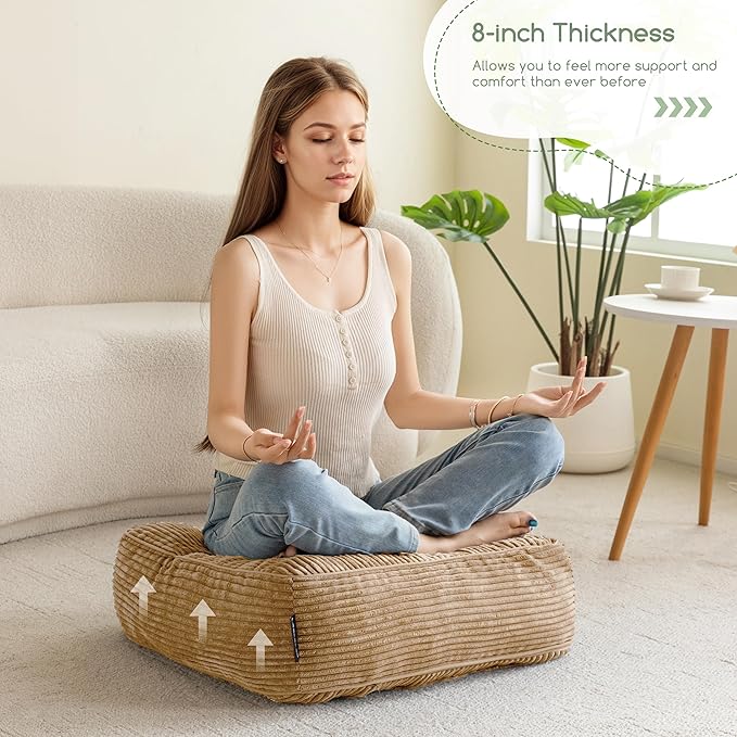 HIGOGOGO 8" Extra Thick Floor Pillow Cushion for Adults, Meditation Cushion Pillow, Large Square Floor Sitting, Tufted Corduroy Cover, for Tatami Living Room or Yoga, 22x22 Inch, Coffee