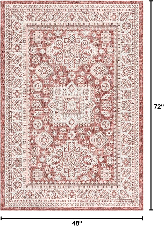 Rugs.com Outdoor Aztec Collection Rug – 4' x 6' Rust Red Flatweave Rug Perfect for Living Rooms, Large Dining Rooms, Open Floorplans