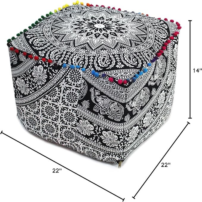 CRAFT KALA Square Mandala Floor Pillow Cushion Cover Seating Throw Cover Hippie Decorative Bohemian Ottoman Poufs Cover Pillow Cases Cotton Living Room Home Décor 22X22X14 inch, Black White Elephant