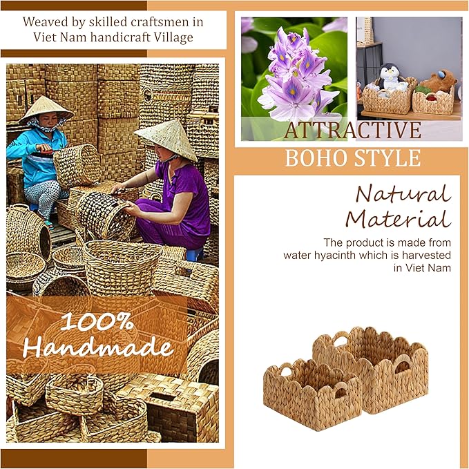 Set of 2 Scalloped Edge Wicker Storage Basket with Built-in Handles, Rectangle Water Hyacinth Basket for Organizing, Decorative Woven Rattan Basket for Shelf, Nursery Room