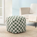 Anji Mountain Pouf Ottoman Foot Rest, Handmade Ottoman Pouf, Comfortable Foot Stool, Decorative Floor Seating for Living Room Decor, Bedroom & Home Décor Accent - Sage Checker