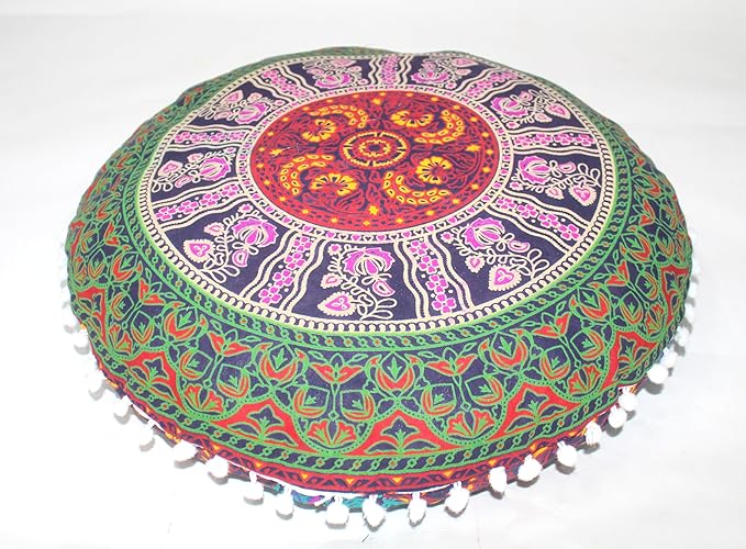CRAFT KALA Large Round Bohemian Floor Pillow Pouf Cover Mandala Meditation Room Pillow Cover for Adults Boho Seating Poufs Cushion Cover for Kids Playroom Multi 6 Color 32" Round