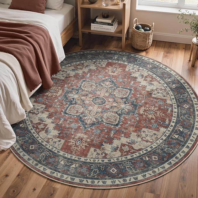 GENIMO 5FT Round Area Rugs for Living Room, Circle Rugs Machine Washable Low Pile, Chenille Non Slip Vintage Rug for Bedroom, Dining Room, Home Office, Bordeaux