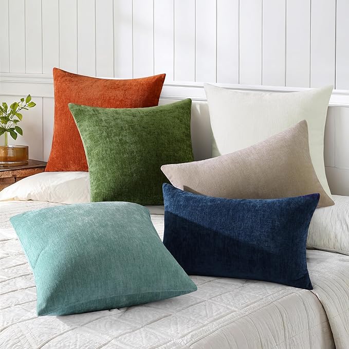 decorUhome Chenille Cream White Spring Throw Pillow Covers 20x20 Inch Set of 2, Decorative Soft Couch Pillow Covers Solid Dyed Accent Farmhouse Neutral Square Pillow Cases for Sofa