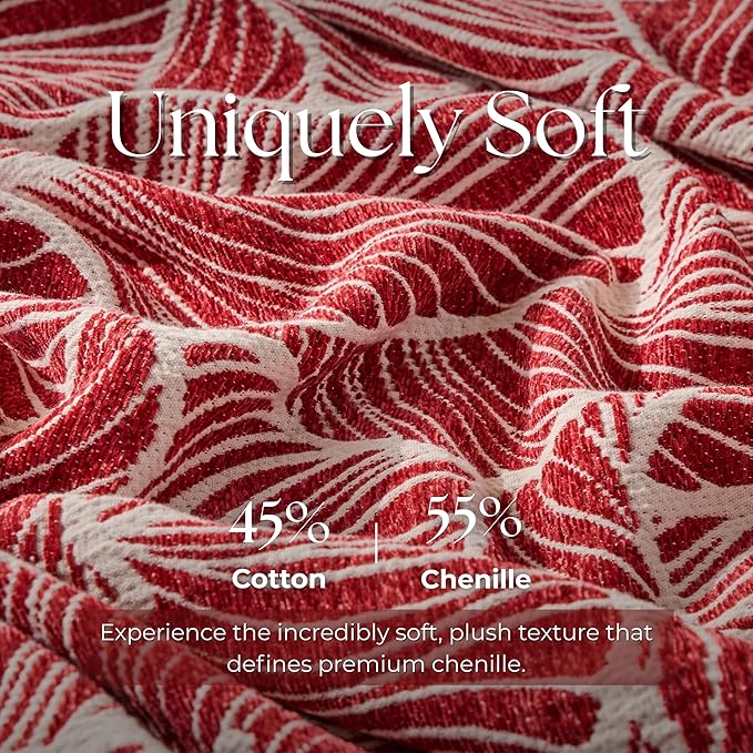 DOWN HOME Chenille Cotton Throw Blanket for Couch, Lightweight Boho Blanket for Bed Sofa Chair Living Room Outdoor Soft Woven Decorative Blanket with Tassel Gift Red Leaves 50"x70"