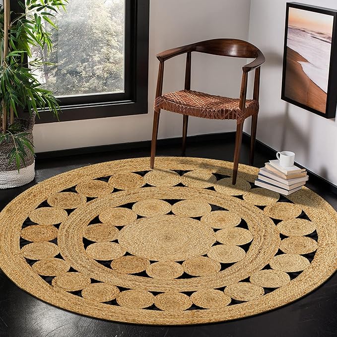 Hand Woven Jute Area Rug - 6' Round - Rustic Beige Reversible Farmhouse Rugs for Bedroom, Kitchen, Living Room - Vintage Natural Braided Entry Floor Décor Circle Boho Round Jute Rug 6 Foot