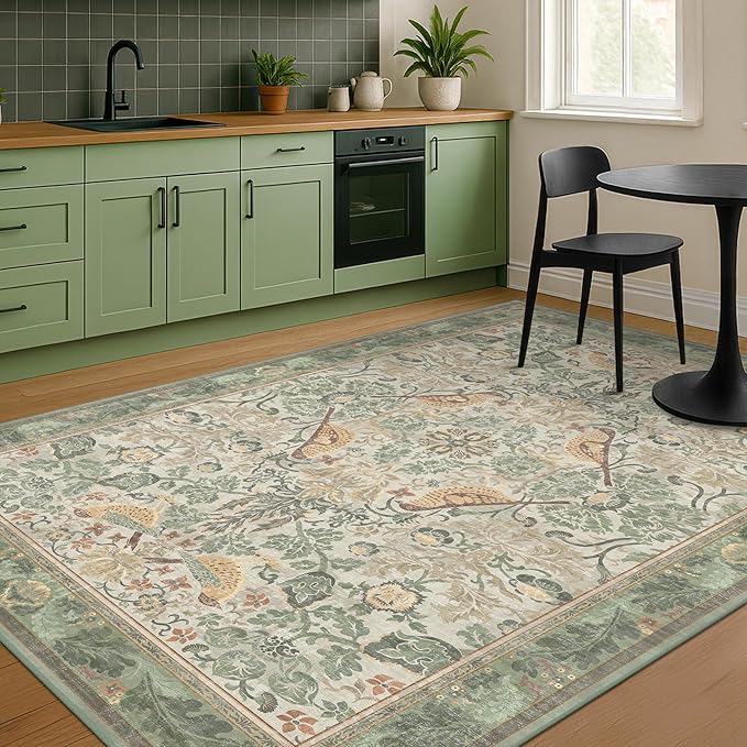 Washable Living Room Rug 6x9 - Sage Floral Nature Area Rugs for Bedroom, Dining Room Kitchen Table Rug for Under Table, Office, Stain Resistant Non-Slip - Sage Green