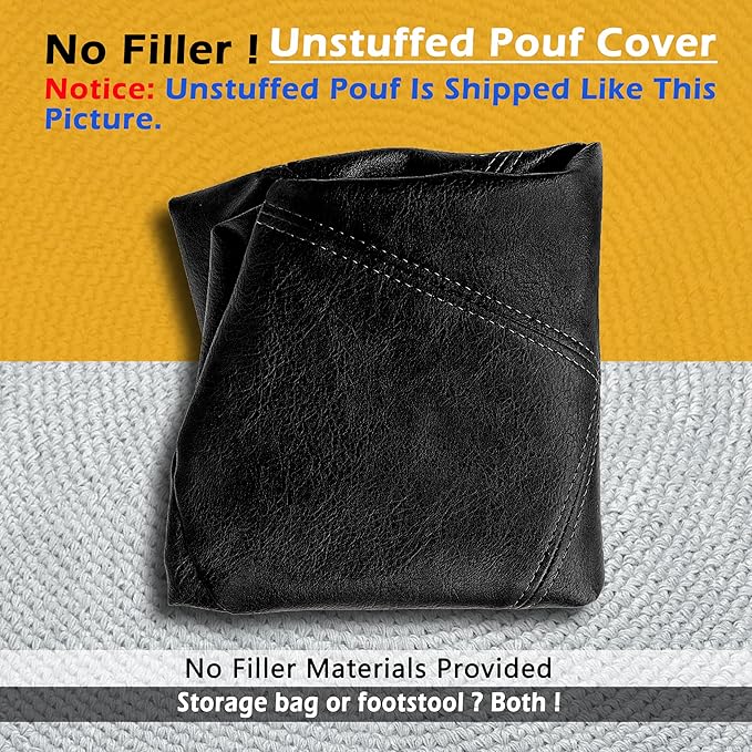 Thgonwid Unstuffed Faux Leather Pouf Cover, Handmade Footstool Ottoman Storage Solution, Floor Footrest Cushion - 16.5" Dx12 H, Pure Black