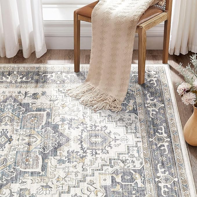 Washable Rug 8x10 Area Rugs: Boho Vintage Distressed Oriental Medallion Neutral Thin Large Rug Carpet for Living Room Bedroom Dining Room Home Office Decor - Light Blue