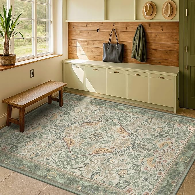 Washable Sage Green Area Rugs 5x7 for Living Room, Bedroom Bedside, Dining Room, Office, Muted Cream Green Non Slip Stain Resistant Low Pile Botanical Floral Bird French Country Decor